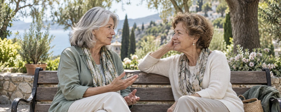Dos mujeres mayores conversando en un banco de un jardín