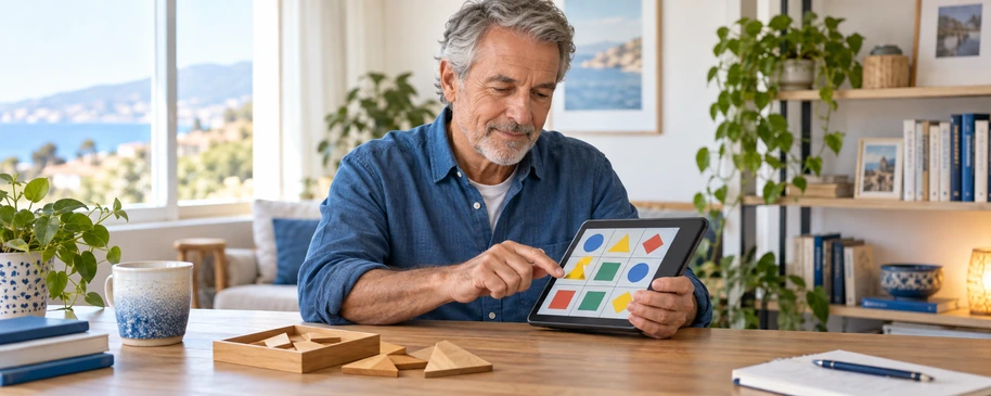 Hombre adulto utilizando un juego de figuras geométricas en una tableta